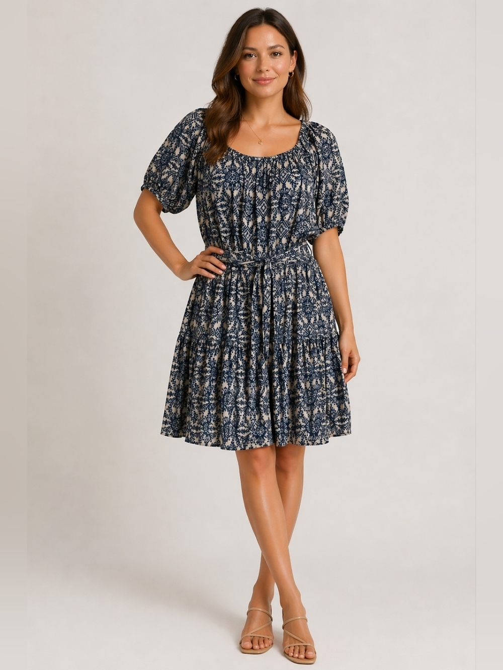 Nwt Karen Kane Sky & Sand Dress Blue White Boho Peasant Puff Sleeve 1X Coastal